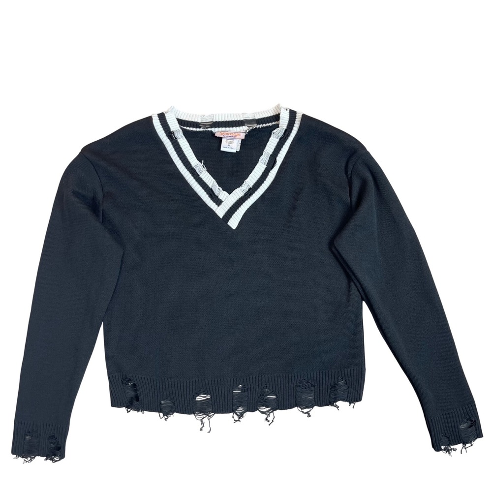 Black Distressed V Neck Sweater Girls Size 12 Academia Cozy Capsule New England‎